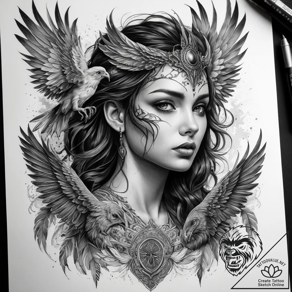 Harpy - realism b/w, high detail - tattoo sketch (№1758060843_0, 16.09.2025 22:14) — tattoovalue.net