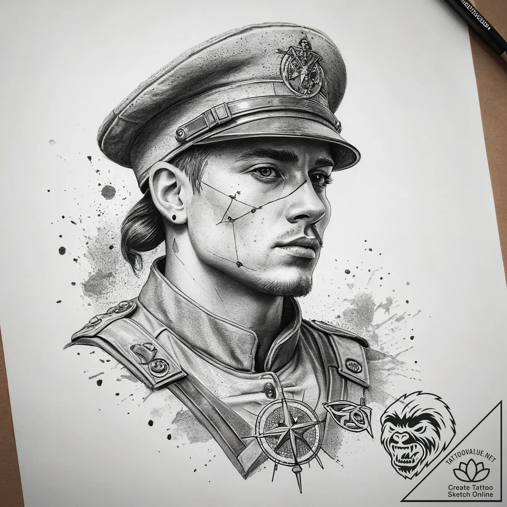 Tattoo sketch soldier with a horoscope, tatto... - tattoo sketch (№1758073704_0, 17.09.2025 01:48) — tattoovalue.net