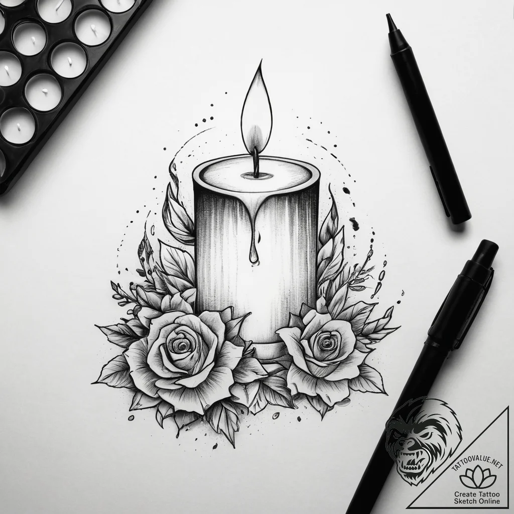 Tattoo sketch book stack with a candle, ink i... - tattoo sketch (№1758076879_0, 17.09.2025 02:41) — tattoovalue.net
