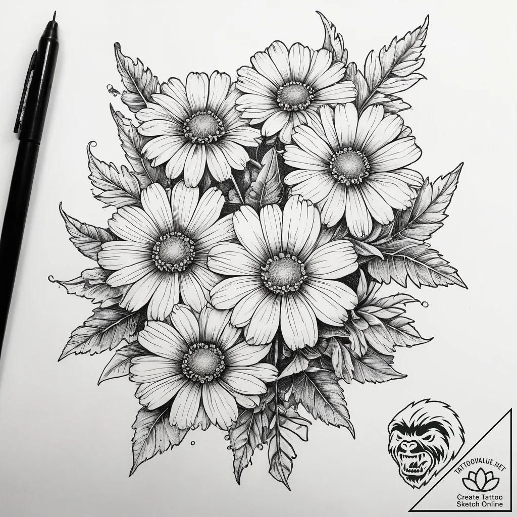 Tattoo sketch feverfew flowers, tattoo line a... - tattoo sketch (№1758079440_0, 17.09.2025 03:24) — tattoovalue.net