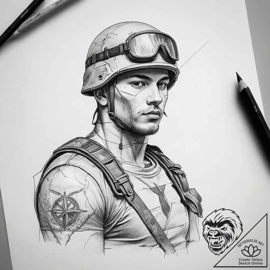 Tattoo sketch soldier with a map, tattoo draw... - tattoo sketch (№1758089066_0, 17.09.2025 06:04) — tattoovalue.net