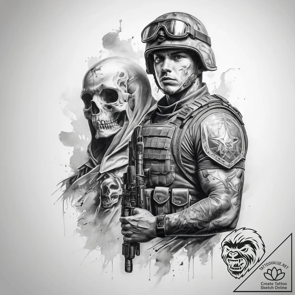Tattoo sketch soldier with a ghost - tattoo sketch (№1758090438_0, 17.09.2025 06:27) — tattoovalue.net