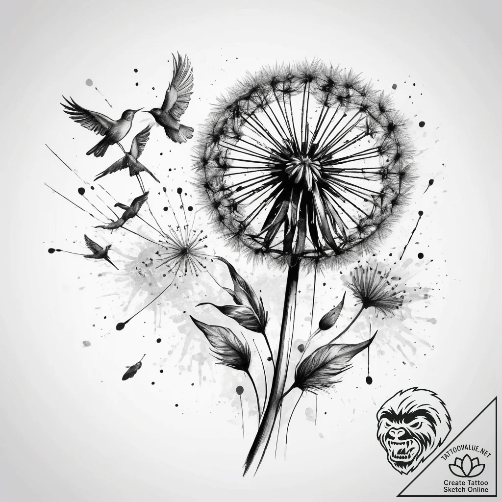 Tattoo sketch dandelion with flying birds, ta... - tattoo sketch (№1758094767_0, 17.09.2025 07:39) — tattoovalue.net