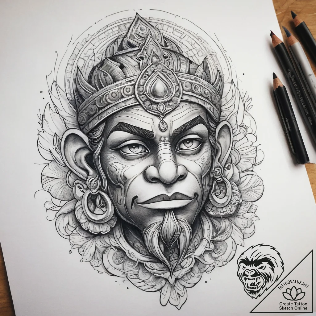 Tattoo sketch hanuman, concept art for tattoo... - tattoo sketch (№1758100720_0, 17.09.2025 09:18) — tattoovalue.net