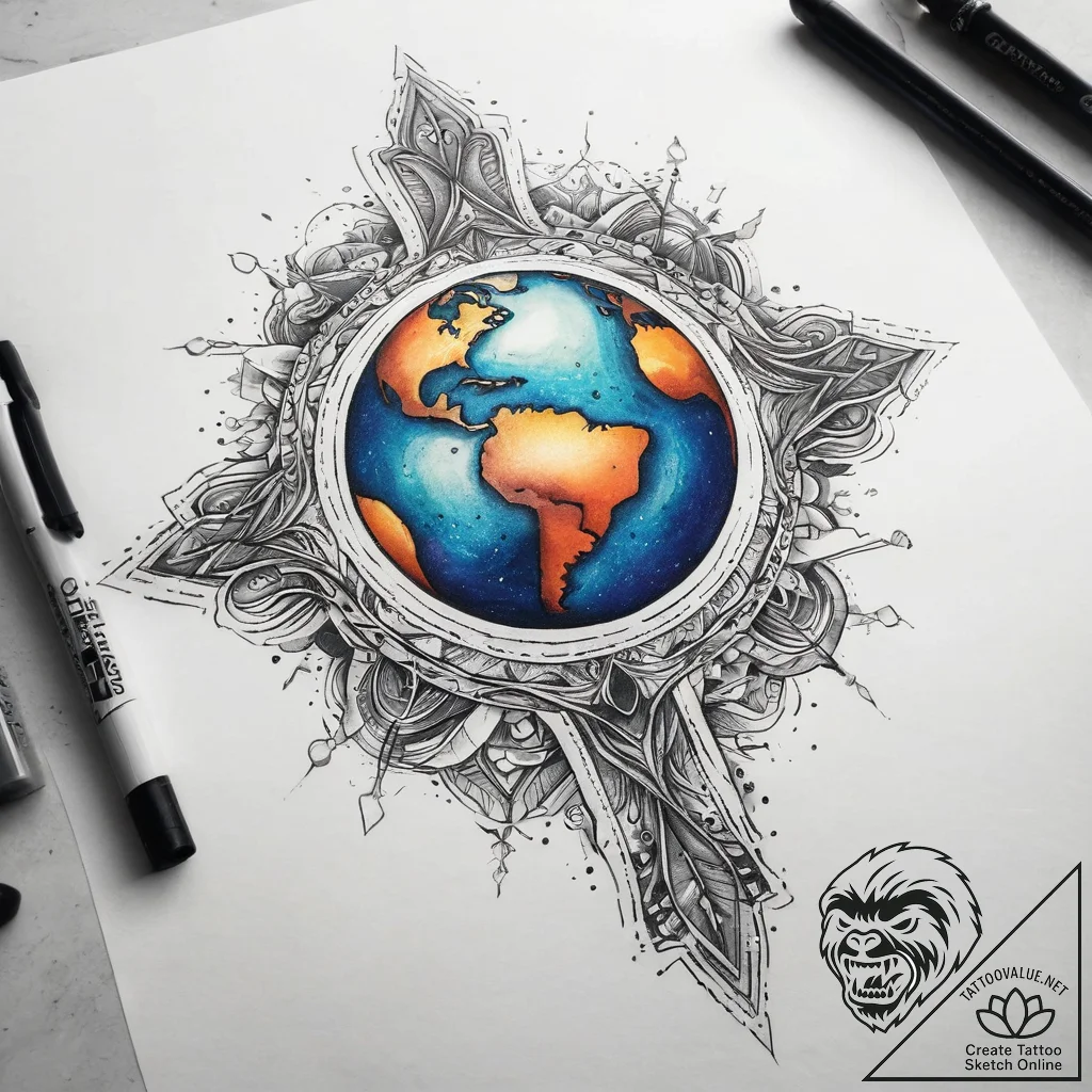 Tattoo sketch cosmic earth, tattoo line art,... - tattoo sketch (№1758102335_0, 17.09.2025 09:45) — tattoovalue.net