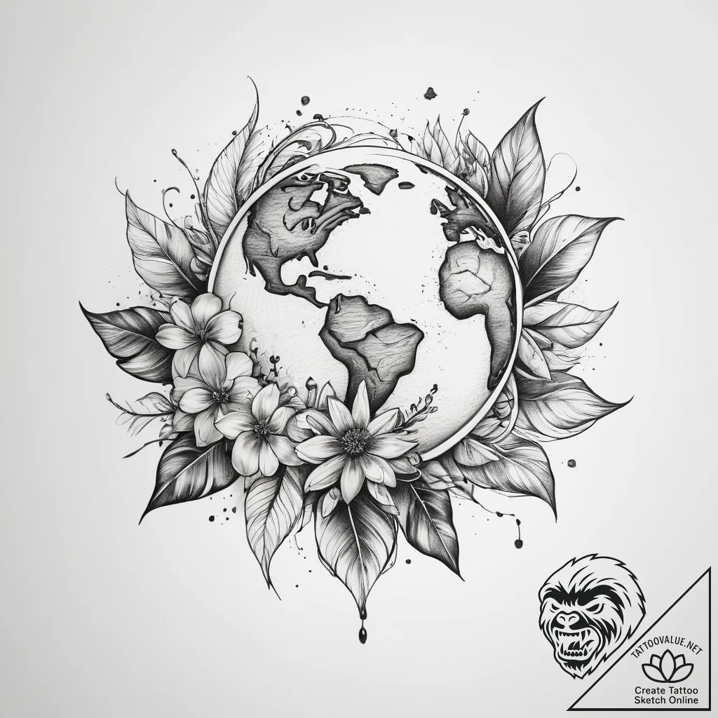 Tattoo sketch earth with a flower - tattoo sketch (№1758111727_0, 17.09.2025 12:22) — tattoovalue.net