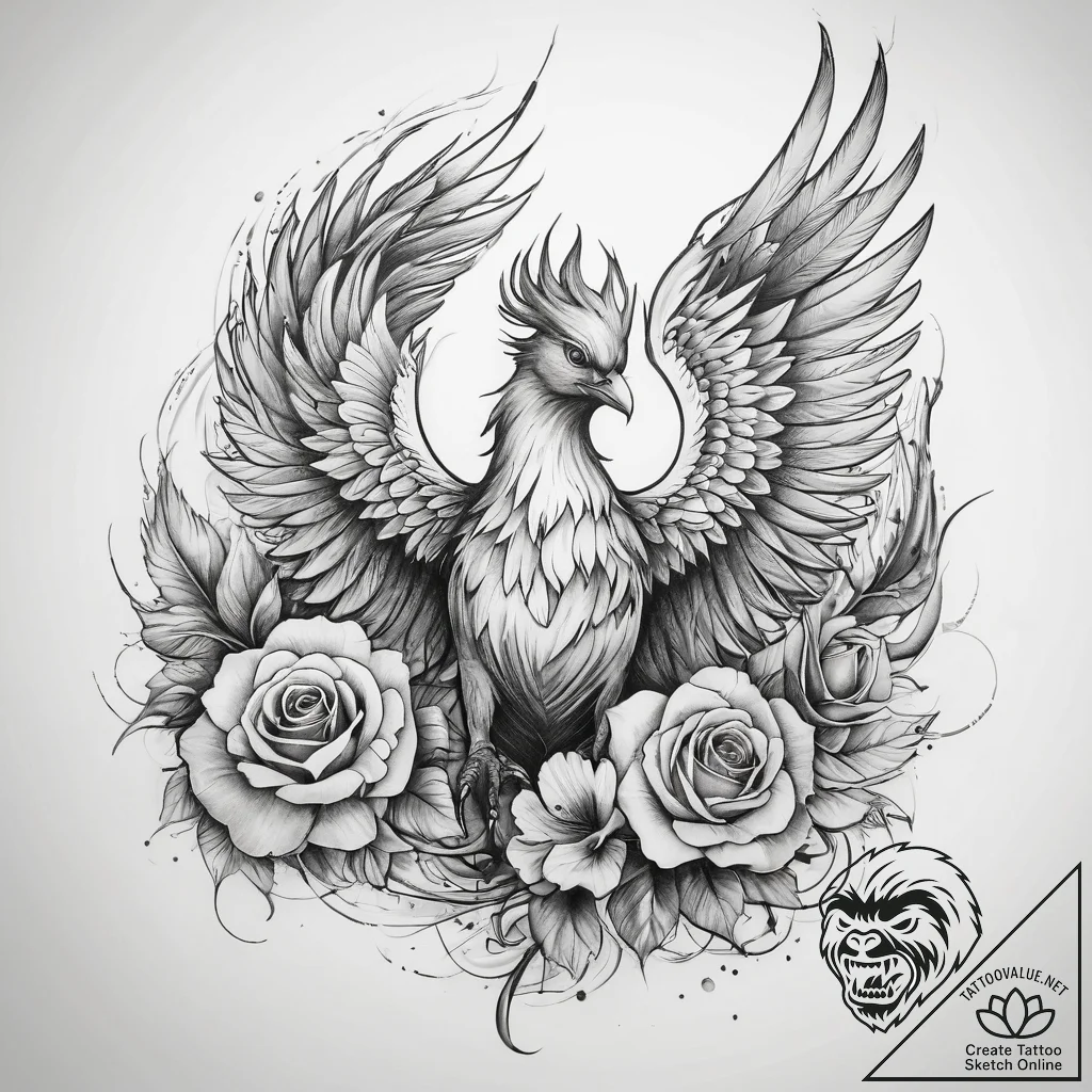 Tattoo sketch phoenix with a rose - tattoo sketch (№1758117570_0, 17.09.2025 13:59) — tattoovalue.net