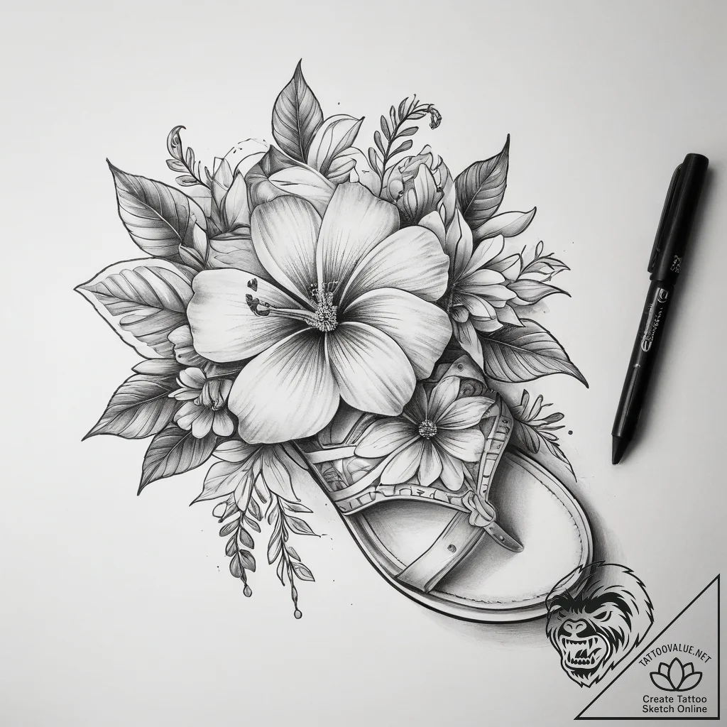 Tattoo sketch sandal with a flower - tattoo sketch (№1758119334_0, 17.09.2025 14:28) — tattoovalue.net