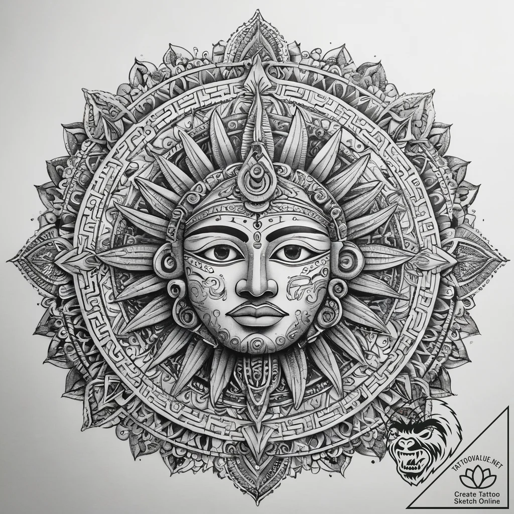 Tattoo sketch mayan sun god, tattoo line art,... - tattoo sketch (№1758120711_0, 17.09.2025 14:51) — tattoovalue.net