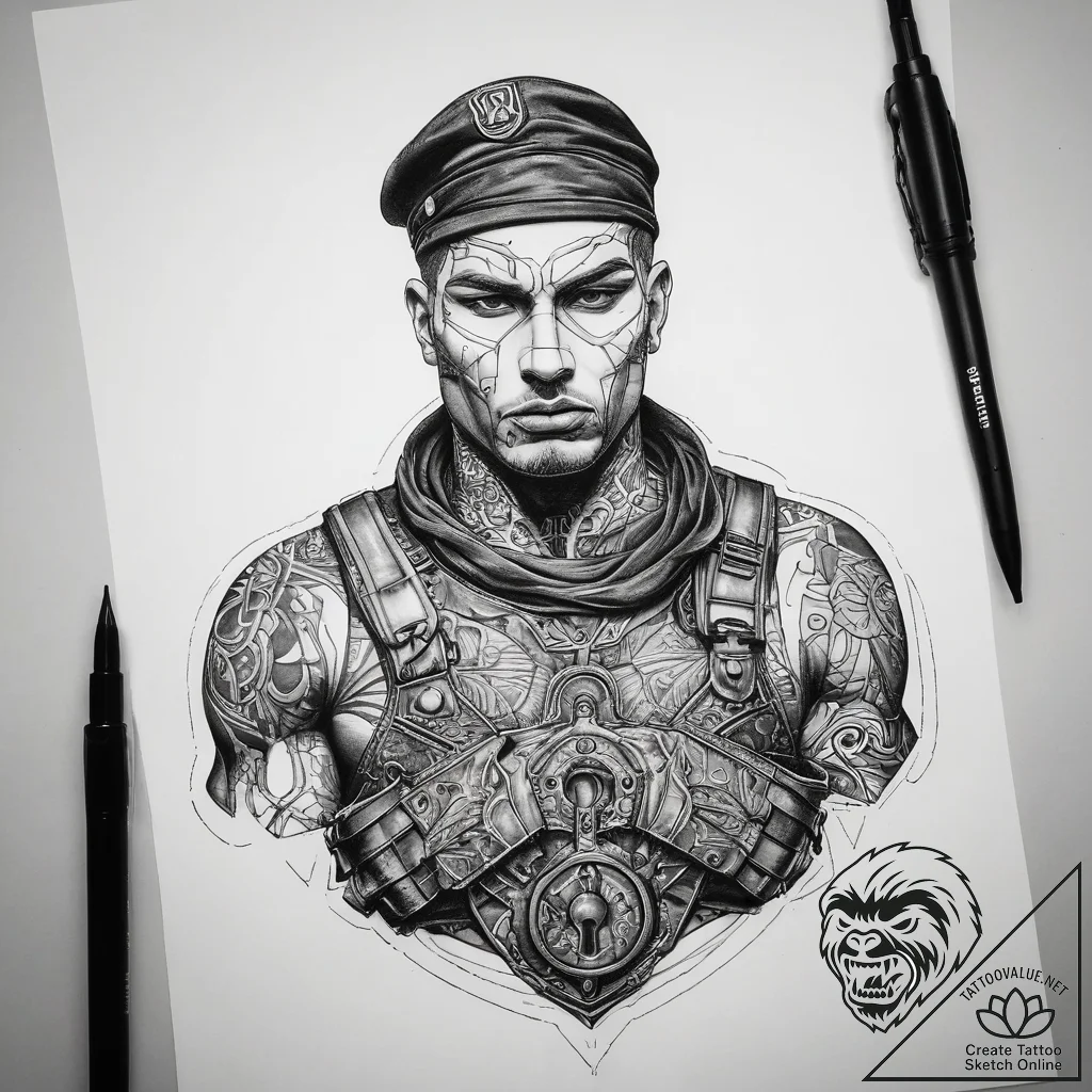 Tattoo sketch soldier with a lock, artistic t... - tattoo sketch (№1758123099_0, 17.09.2025 15:31) — tattoovalue.net