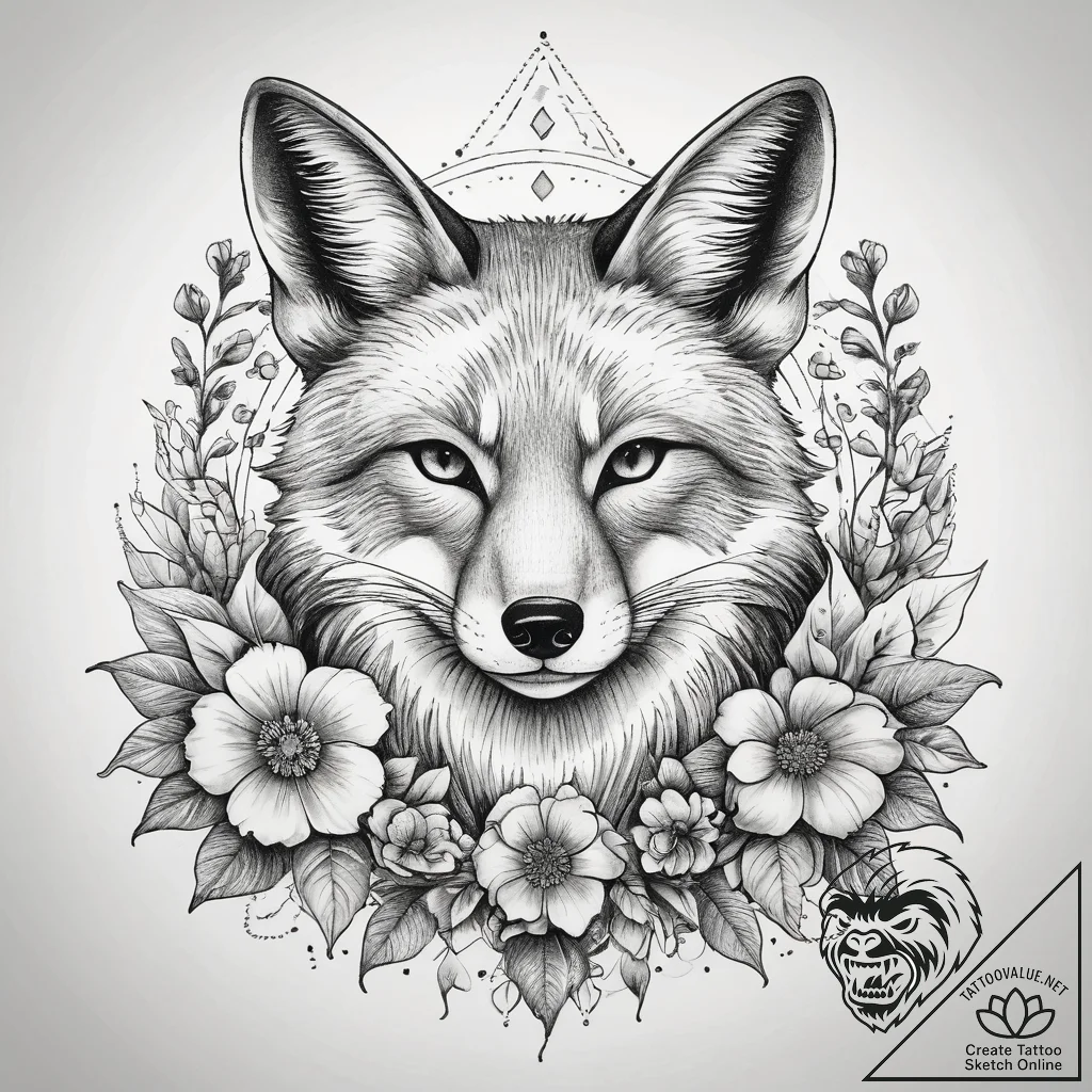 Tattoo sketch fox with flowers, tattoo drawin... - tattoo sketch (№1758126083_0, 17.09.2025 16:21) — tattoovalue.net