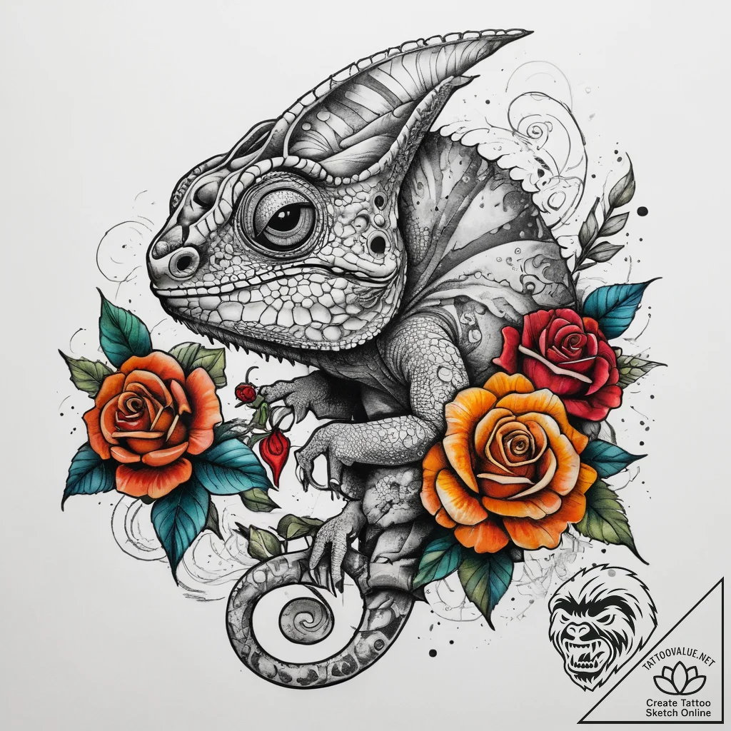 Tattoo sketch chameleon, ink illustration for... - tattoo sketch (№1758126288_0, 17.09.2025 16:24) — tattoovalue.net