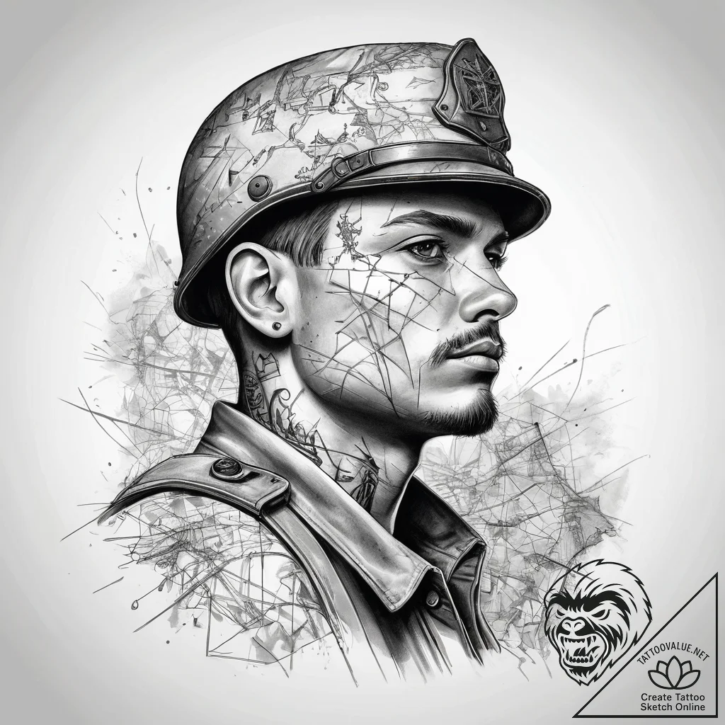 Tattoo sketch soldier with a map, tattoo line... - tattoo sketch (№1758128292_0, 17.09.2025 16:58) — tattoovalue.net