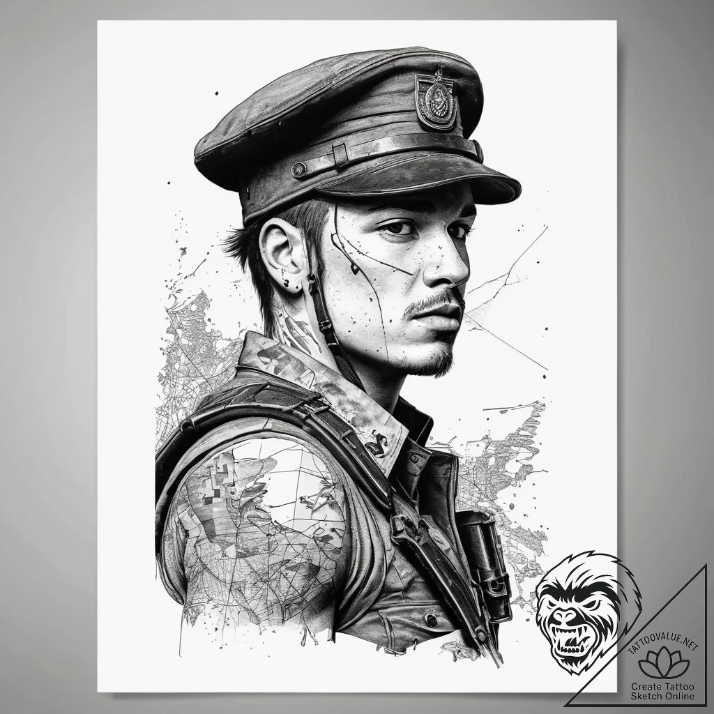 Tattoo sketch soldier with a map, tattoo draw... - tattoo sketch (№1758139175_0, 17.09.2025 19:59) — tattoovalue.net