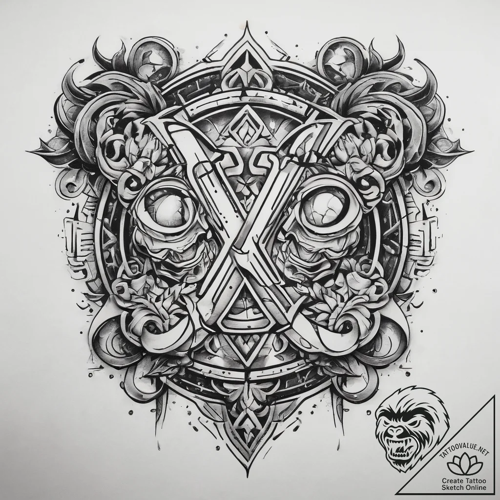 Tattoo sketch mannaz rune with two human silh... - tattoo sketch (№1758142778_0, 17.09.2025 20:59) — tattoovalue.net