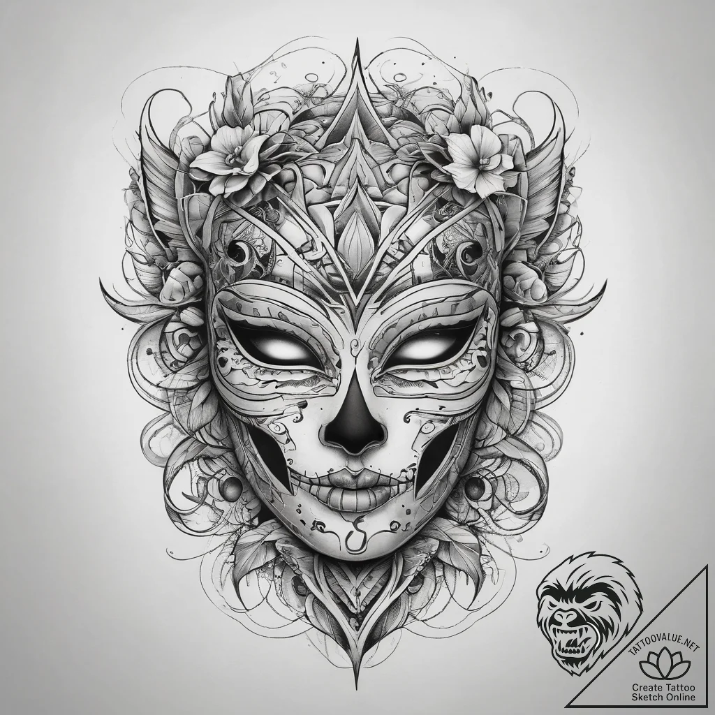 Tattoo sketch mask, tattoo line art, on a cle... - tattoo sketch (№1758145240_0, 17.09.2025 21:40) — tattoovalue.net