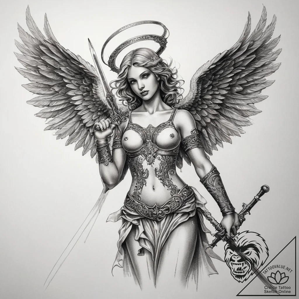 Tattoo sketch angel with sword, tattoo drawin... - tattoo sketch (№1758148852_0, 17.09.2025 22:40) — tattoovalue.net