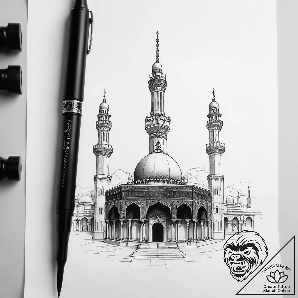Tattoo sketch kaaba and minaret - tattoo sketch (№1758165233_0, 18.09.2025 03:13) — tattoovalue.net