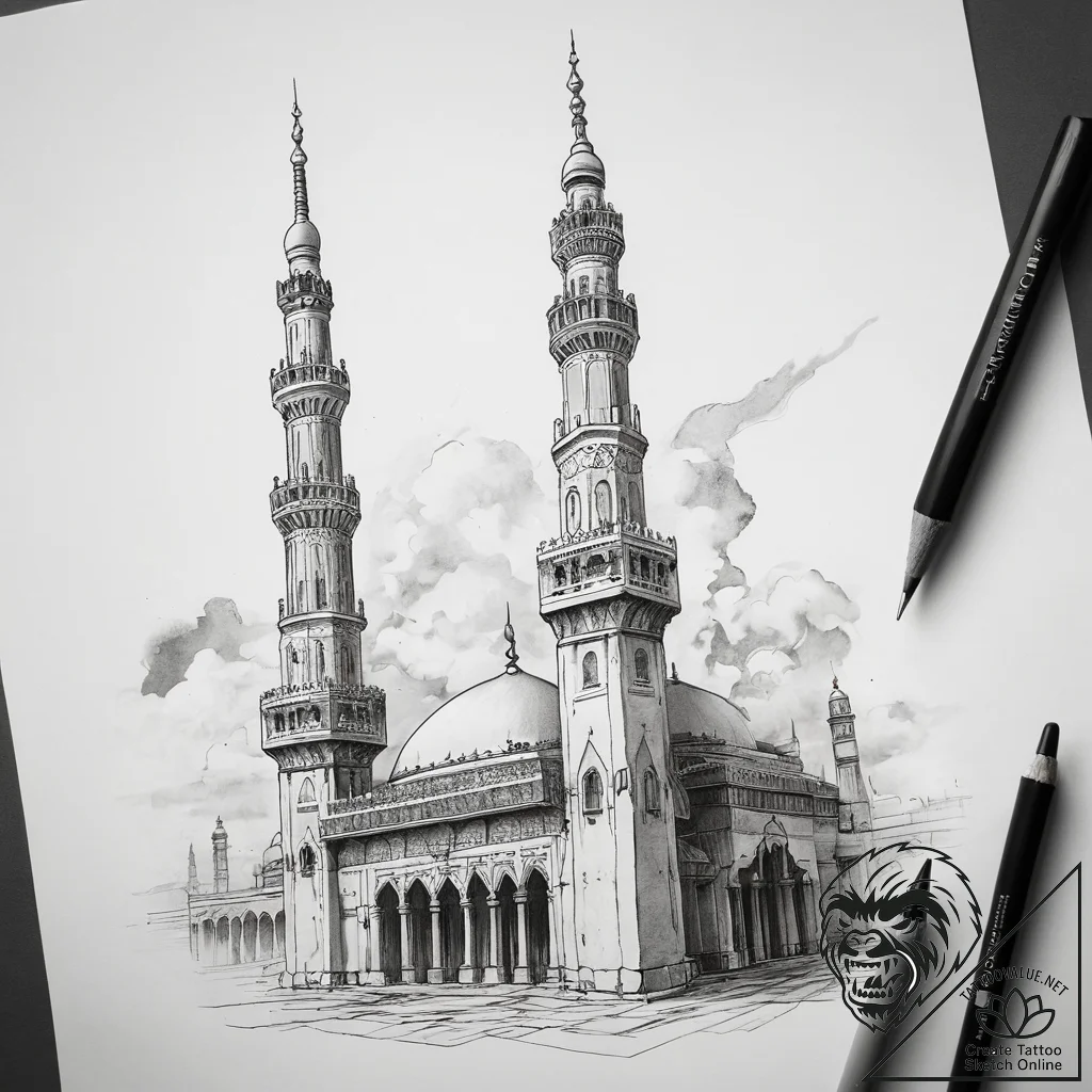 Tattoo sketch kaaba and minaret, tattoo drawi... - tattoo sketch (№1758171572_0, 18.09.2025 04:59) — tattoovalue.net