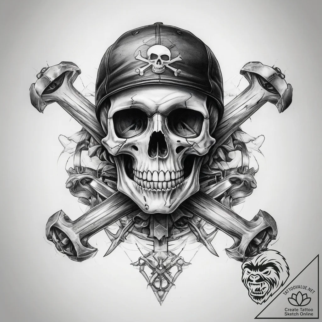 Tattoo sketch skater skull and crossbones - tattoo sketch (№1758171962_0, 18.09.2025 05:06) — tattoovalue.net