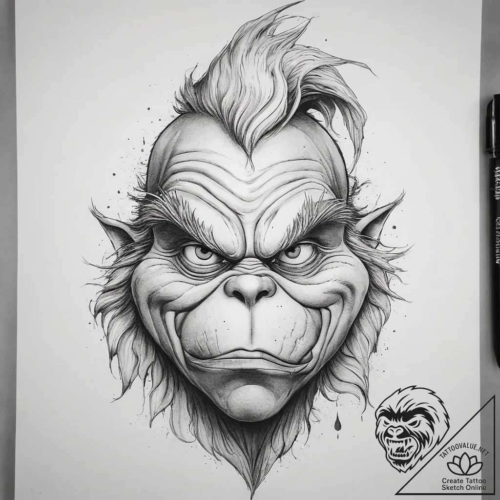 Tattoo sketch the grinch with a hair, artisti... - tattoo sketch (№1758173327_0, 18.09.2025 05:28) — tattoovalue.net