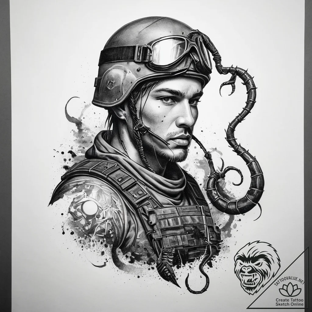 Tattoo sketch soldier with a scorpion, tattoo... - tattoo sketch (№1758175086_0, 18.09.2025 05:58) — tattoovalue.net