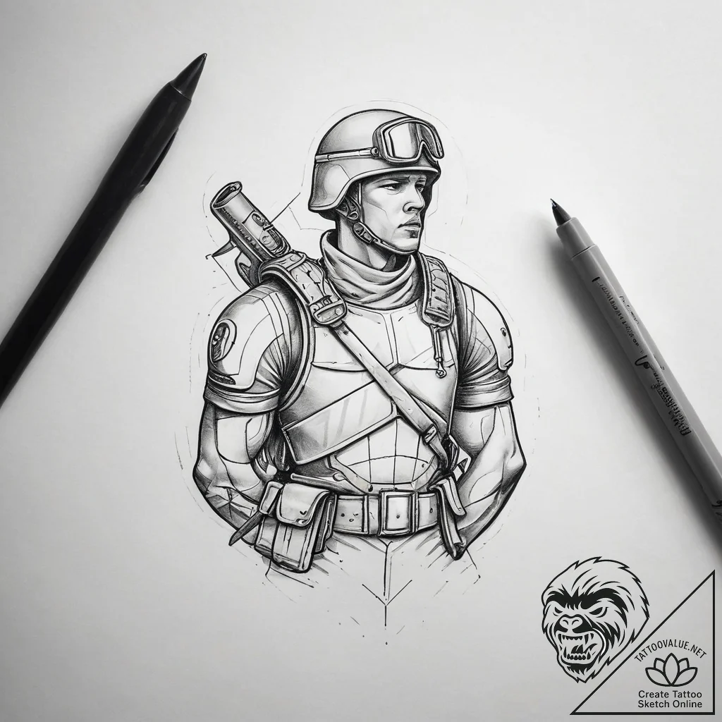 Tattoo sketch soldier with a letter, tattoo s... - tattoo sketch (№1758180875_0, 18.09.2025 07:34) — tattoovalue.net
