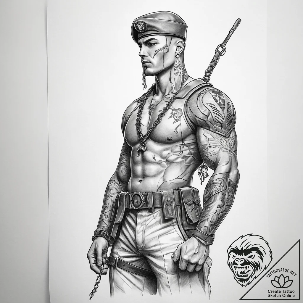 Tattoo sketch soldier with a chain, tattoo fl... - tattoo sketch (№1758184322_0, 18.09.2025 08:32) — tattoovalue.net