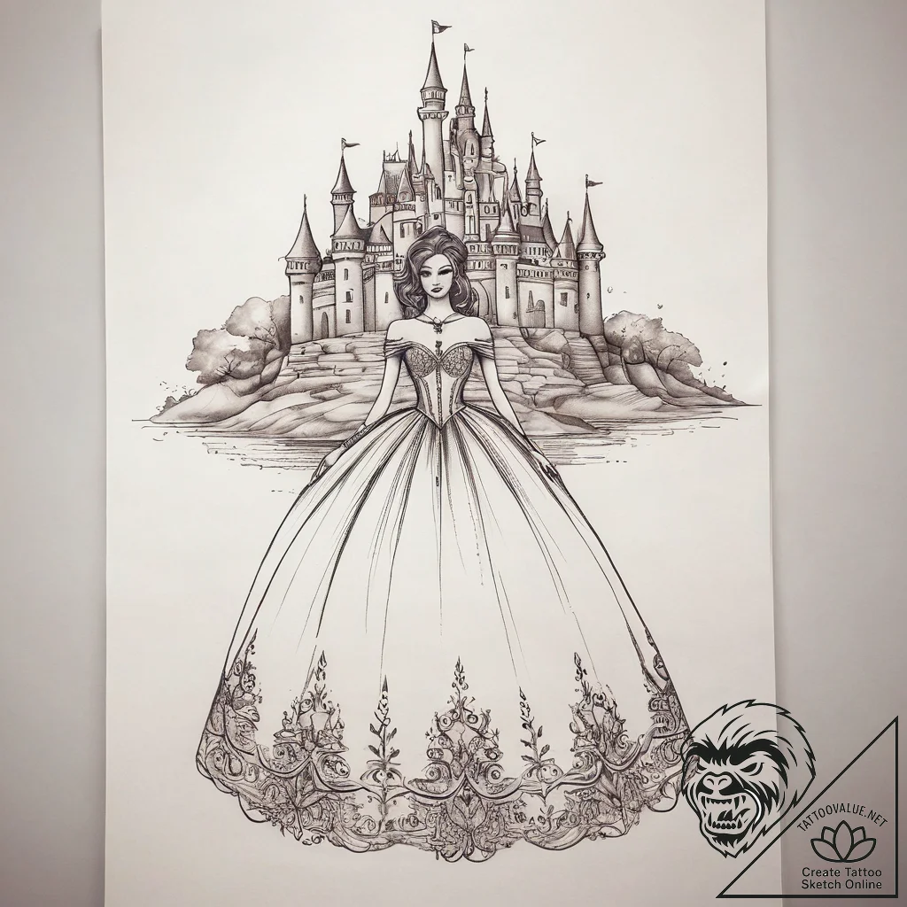Tattoo sketch ball gown with a castle, artist... - tattoo sketch (№1758188845_0, 18.09.2025 09:47) — tattoovalue.net