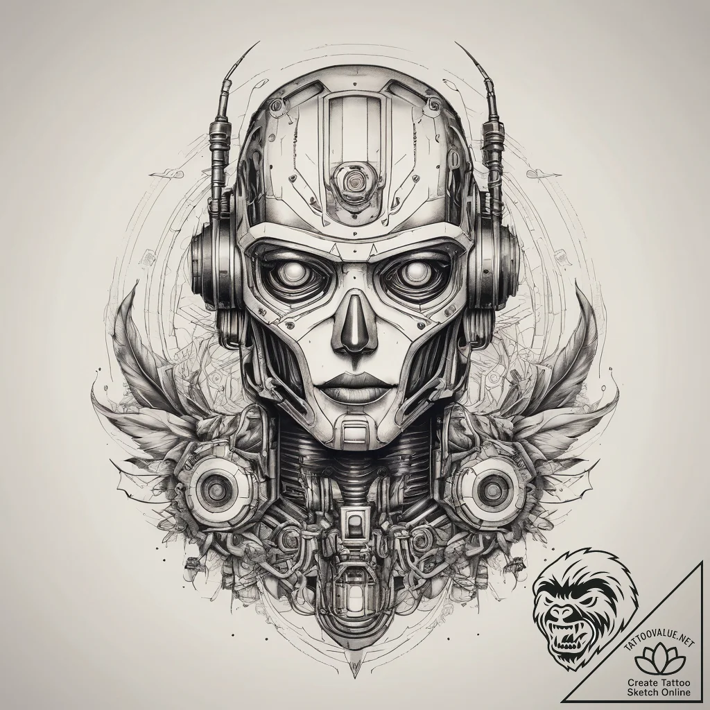 Tattoo sketch cyberpunk robot, ink illustrati... - tattoo sketch (№1758189434_0, 18.09.2025 09:57) — tattoovalue.net