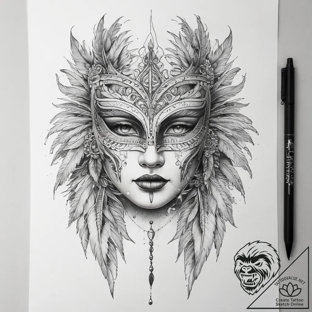Tattoo sketch feathered mask tattoo, tattoo l... - tattoo sketch (№1758195732_0, 18.09.2025 11:42) — tattoovalue.net
