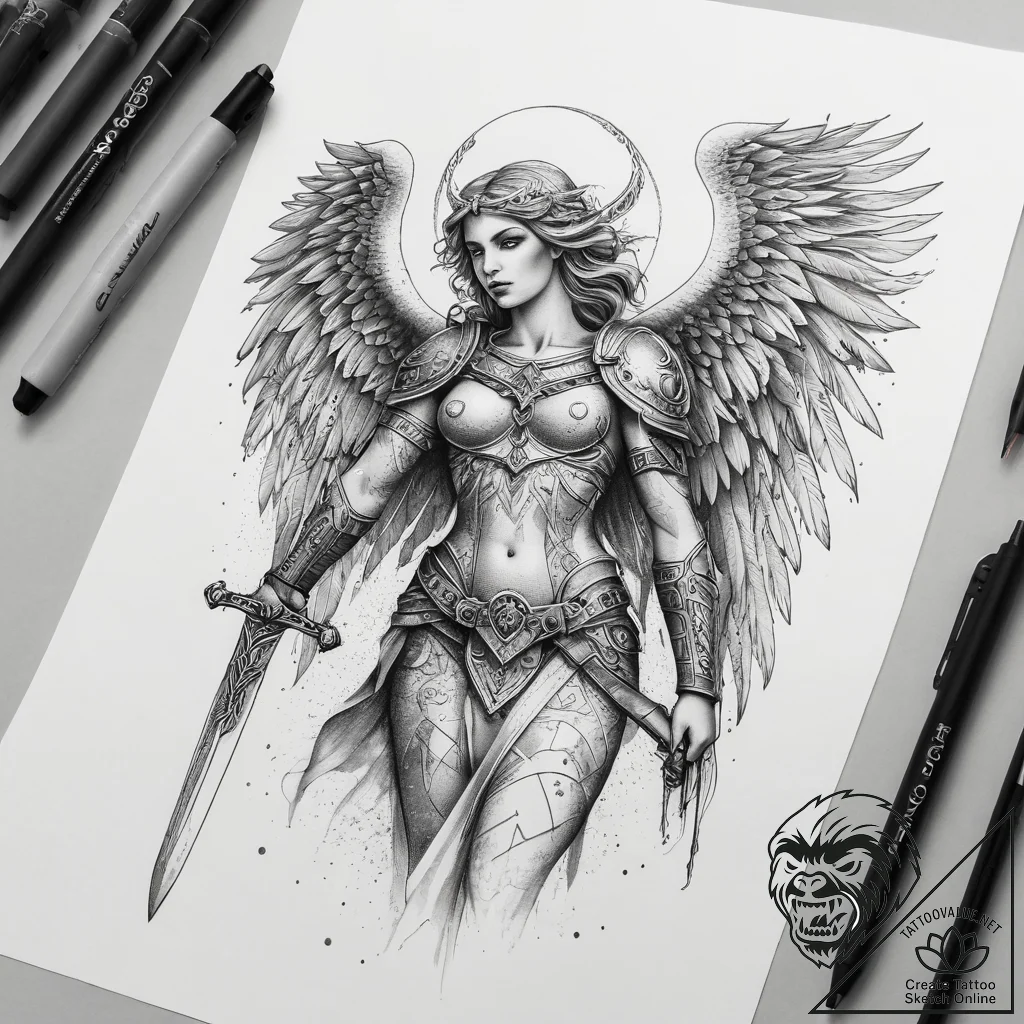 Tattoo sketch angel with a sword, tattoo draw... - tattoo sketch (№1758199492_0, 18.09.2025 12:44) — tattoovalue.net