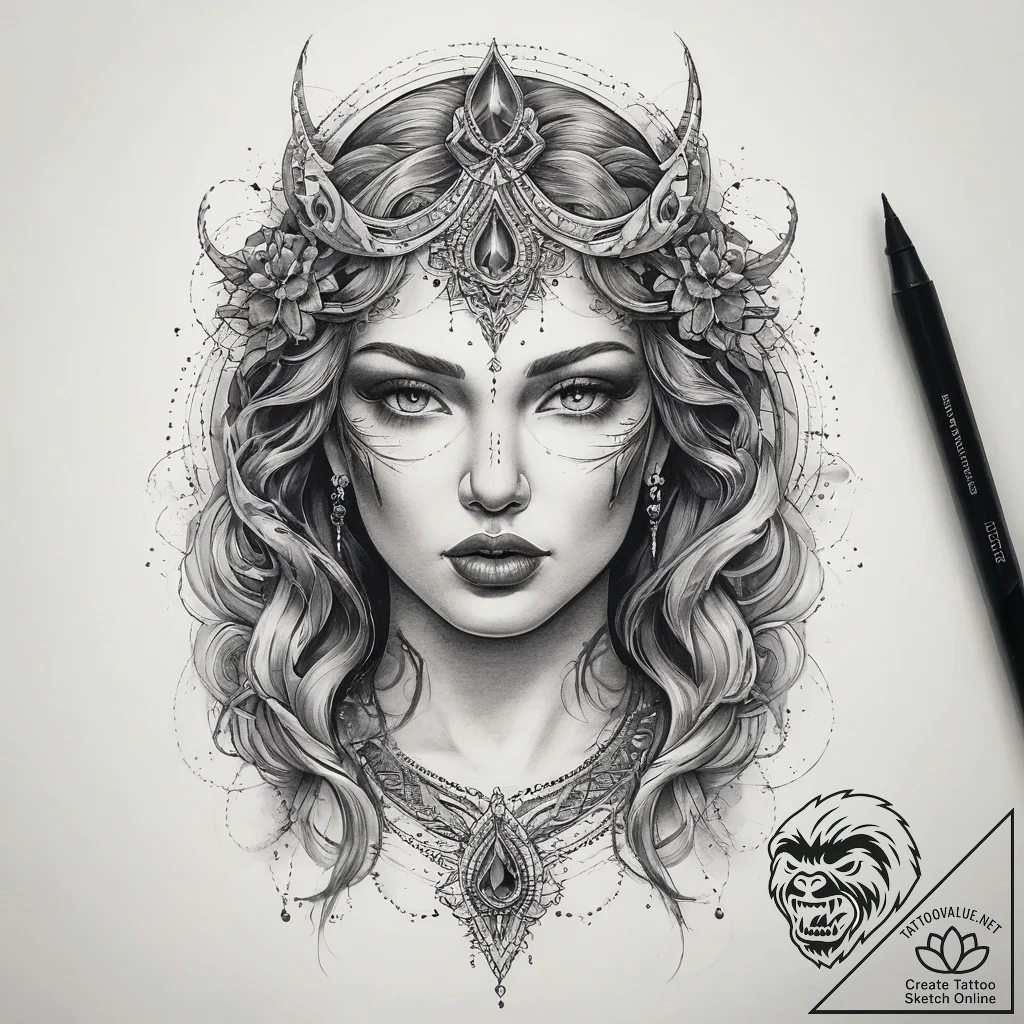 Tattoo sketch goddess tattoo, ink illustratio... - tattoo sketch (№1758206611_0, 18.09.2025 14:43) — tattoovalue.net