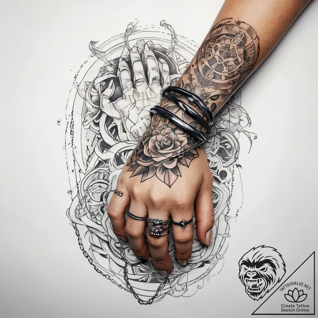 Tattoo sketch hands with a chain, concept art... - tattoo sketch (№1758207785_0, 18.09.2025 15:03) — tattoovalue.net
