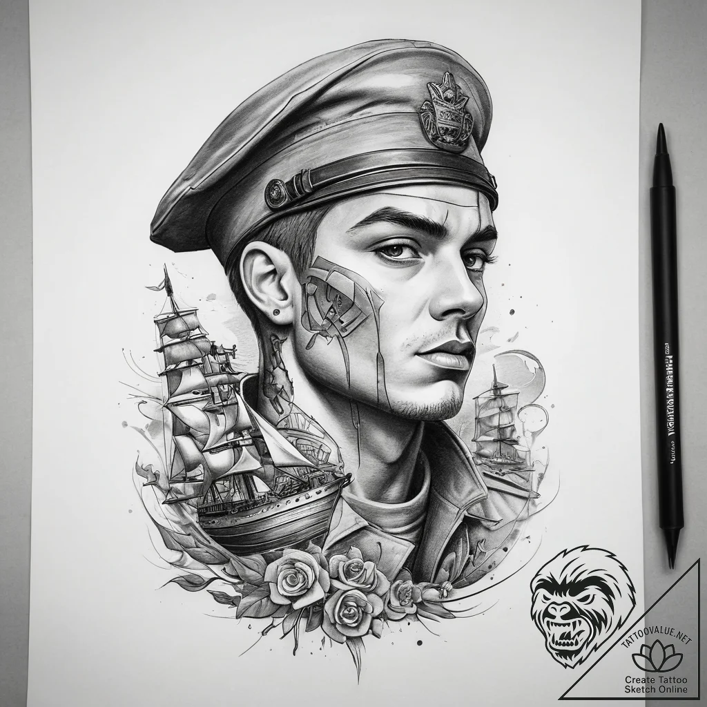 Tattoo sketch soldier with a ship, artistic t... - tattoo sketch (№1758211530_0, 18.09.2025 16:05) — tattoovalue.net