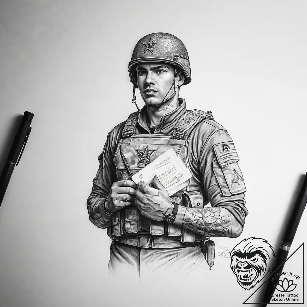 Tattoo sketch soldier with a document - tattoo sketch (№1758212728_0, 18.09.2025 16:25) — tattoovalue.net