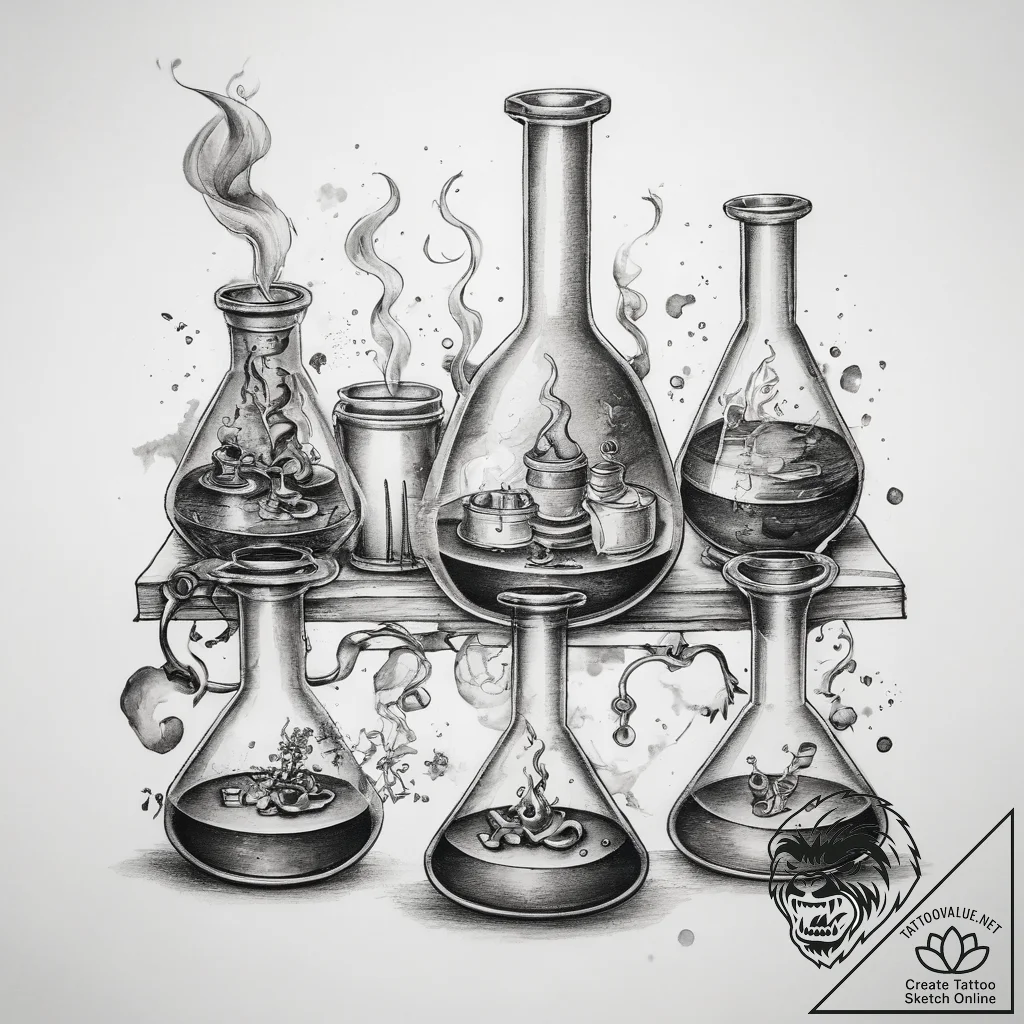 Tattoo sketch chemist beakers and smoke - tattoo sketch (№1758217114_0, 18.09.2025 17:38) — tattoovalue.net