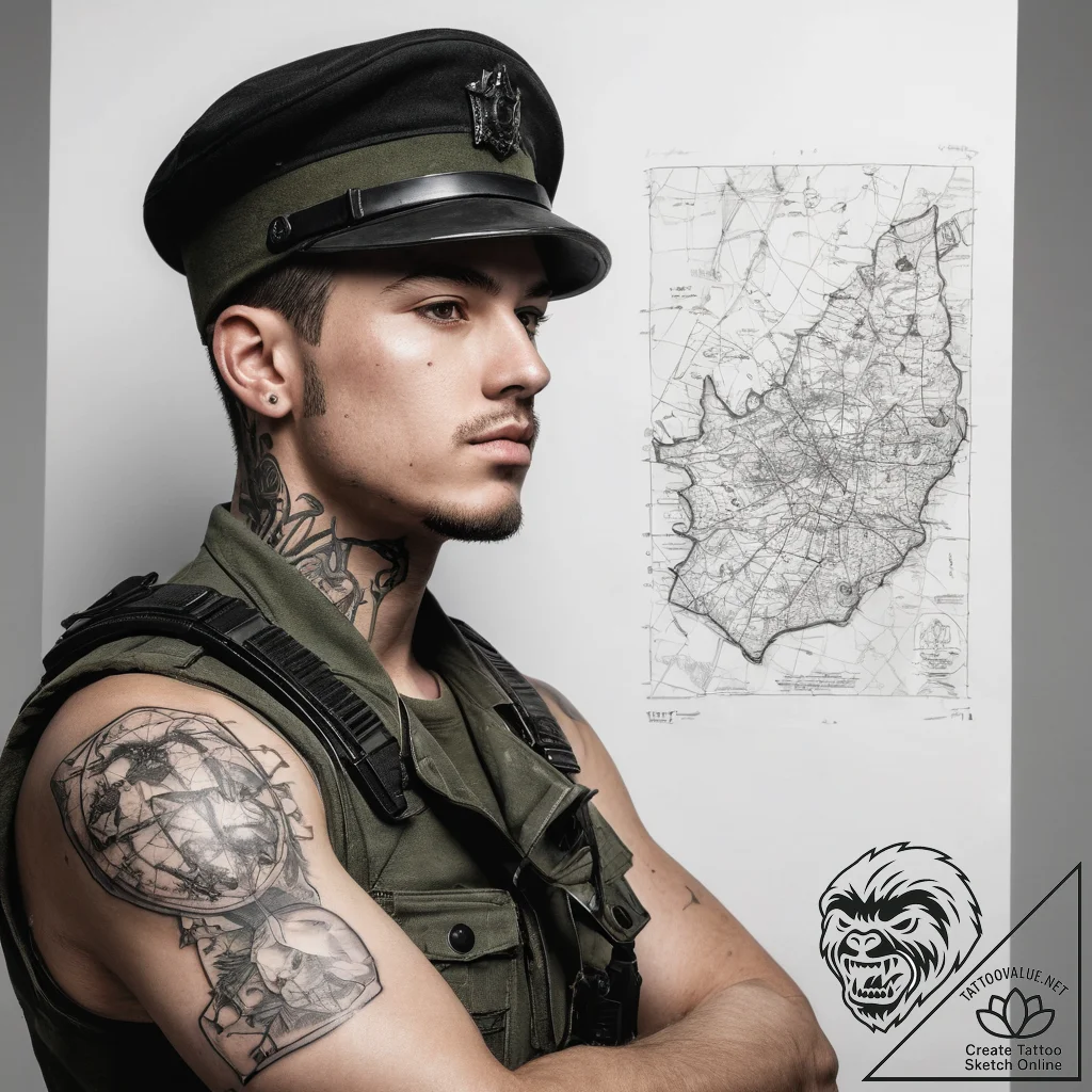 Tattoo sketch soldier with a map - tattoo sketch (№1758219067_0, 18.09.2025 18:11) — tattoovalue.net