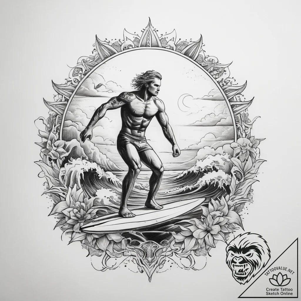 Tattoo sketch surfer sun and ocean - tattoo sketch (№1758228093_0, 18.09.2025 20:41) — tattoovalue.net