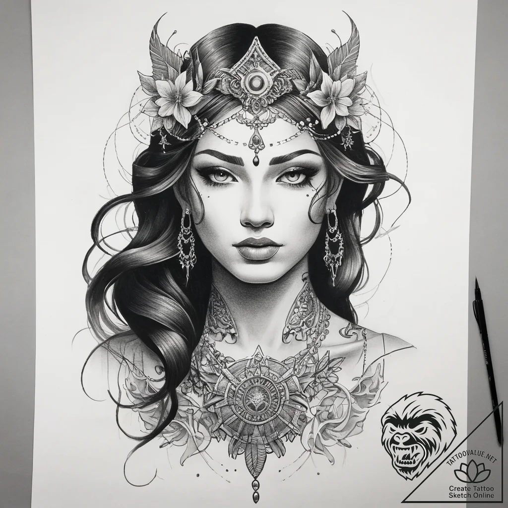 Tattoo sketch goddess tattoo - tattoo sketch (№1758229076_0, 18.09.2025 20:57) — tattoovalue.net