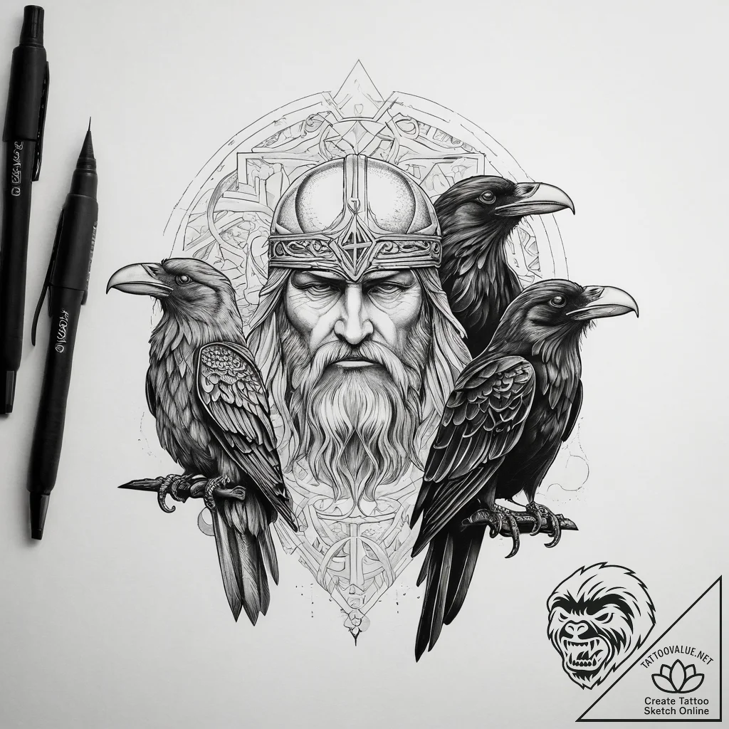 Tattoo sketch odin with two ravens, tattoo fl... - tattoo sketch (№1758229672_0, 18.09.2025 21:07) — tattoovalue.net
