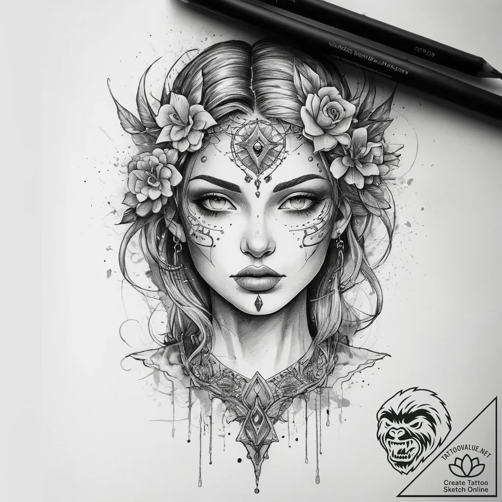 Tattoo sketch mystical character, tattoo draw... - tattoo sketch (№1758230452_0, 18.09.2025 21:20) — tattoovalue.net