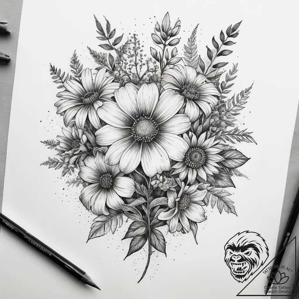 Tattoo sketch wildflower bouquet, tattoo draw... - tattoo sketch (№1758231440_0, 18.09.2025 21:37) — tattoovalue.net