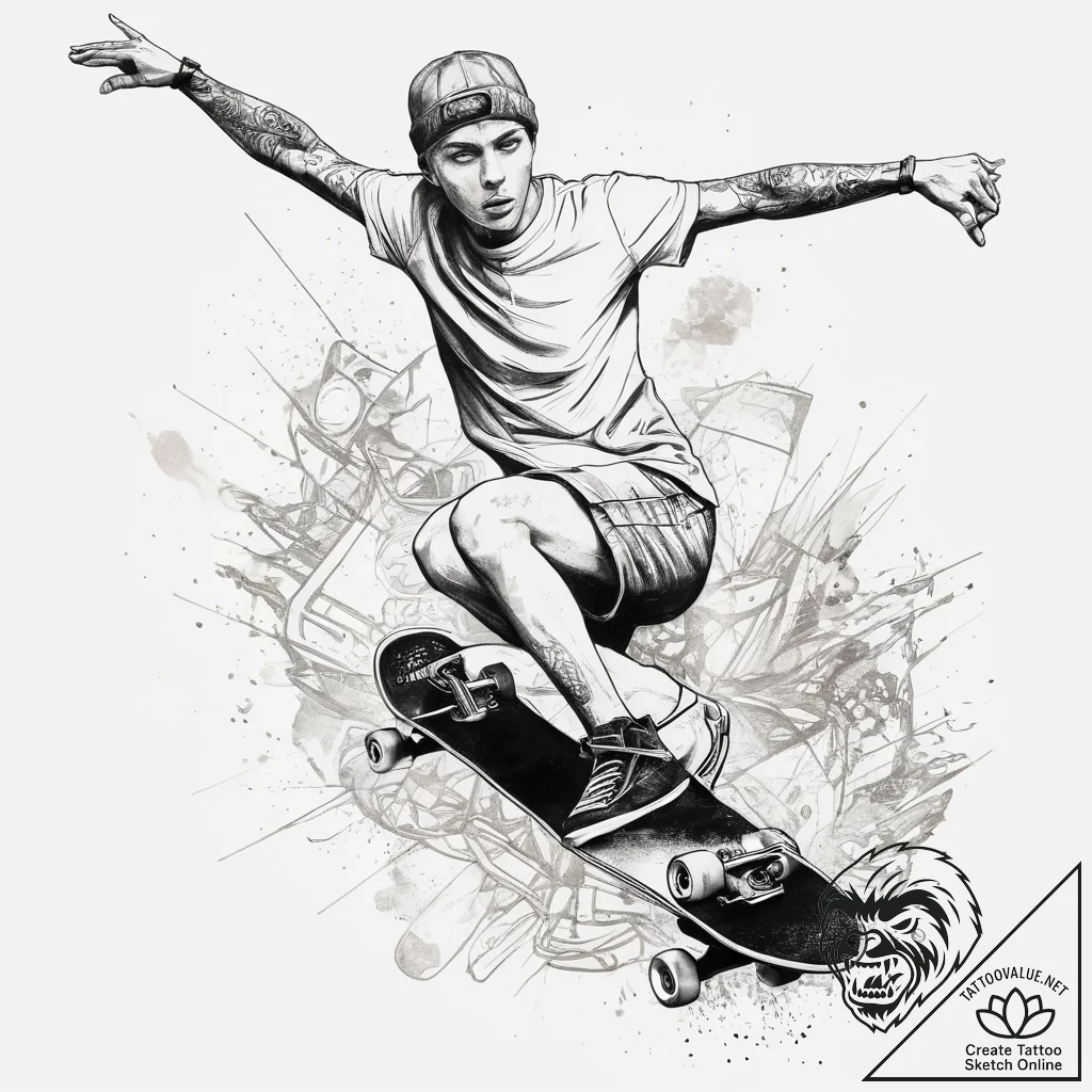 Tattoo sketch skateboarding a skateboard, ink... - tattoo sketch (№1758243036_0, 19.09.2025 00:50) — tattoovalue.net