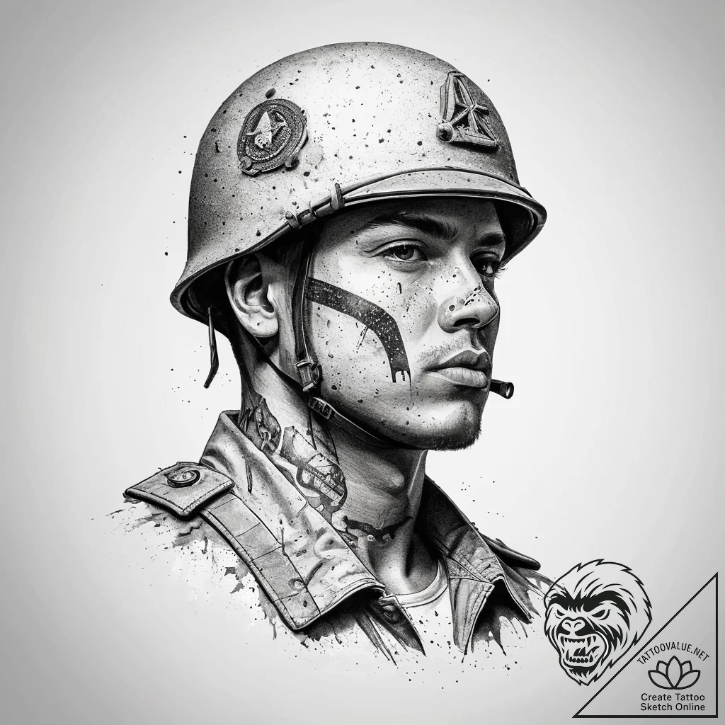 Tattoo sketch soldier with a brush, tattoo li... - tattoo sketch (№1758243429_0, 19.09.2025 00:57) — tattoovalue.net