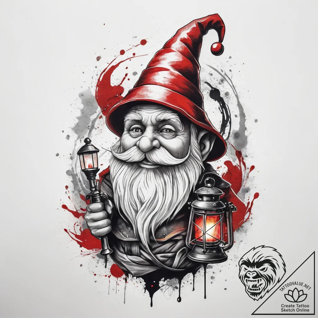 Tattoo sketch gnome with a lantern, artistic... - tattoo sketch (№1758244590_0, 19.09.2025 01:16) — tattoovalue.net