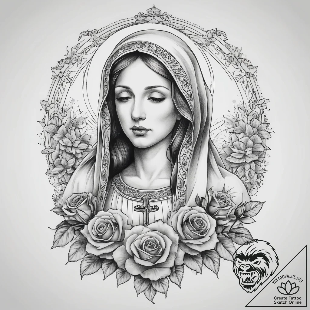 Tattoo sketch virgin mary and roses, tattoo l... - tattoo sketch (№1758246556_0, 19.09.2025 01:49) — tattoovalue.net