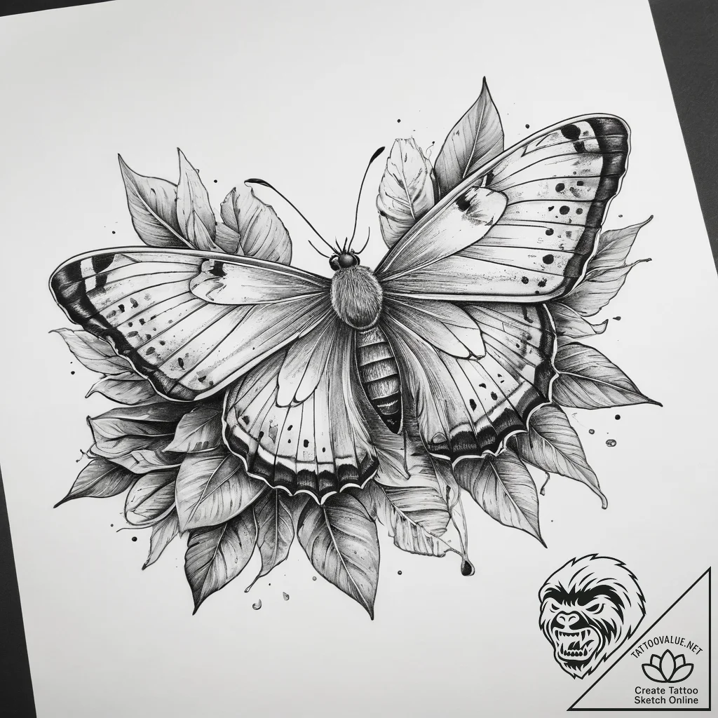 Tattoo sketch fruit tree moth, ink illustrati... - tattoo sketch (№1758247732_0, 19.09.2025 02:08) — tattoovalue.net