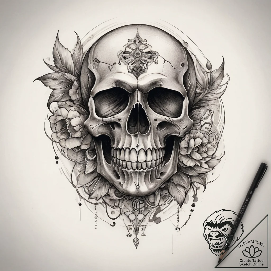 Tattoo sketch skull with a dog tag, tattoo sk... - tattoo sketch (№1758254398_0, 19.09.2025 03:59) — tattoovalue.net