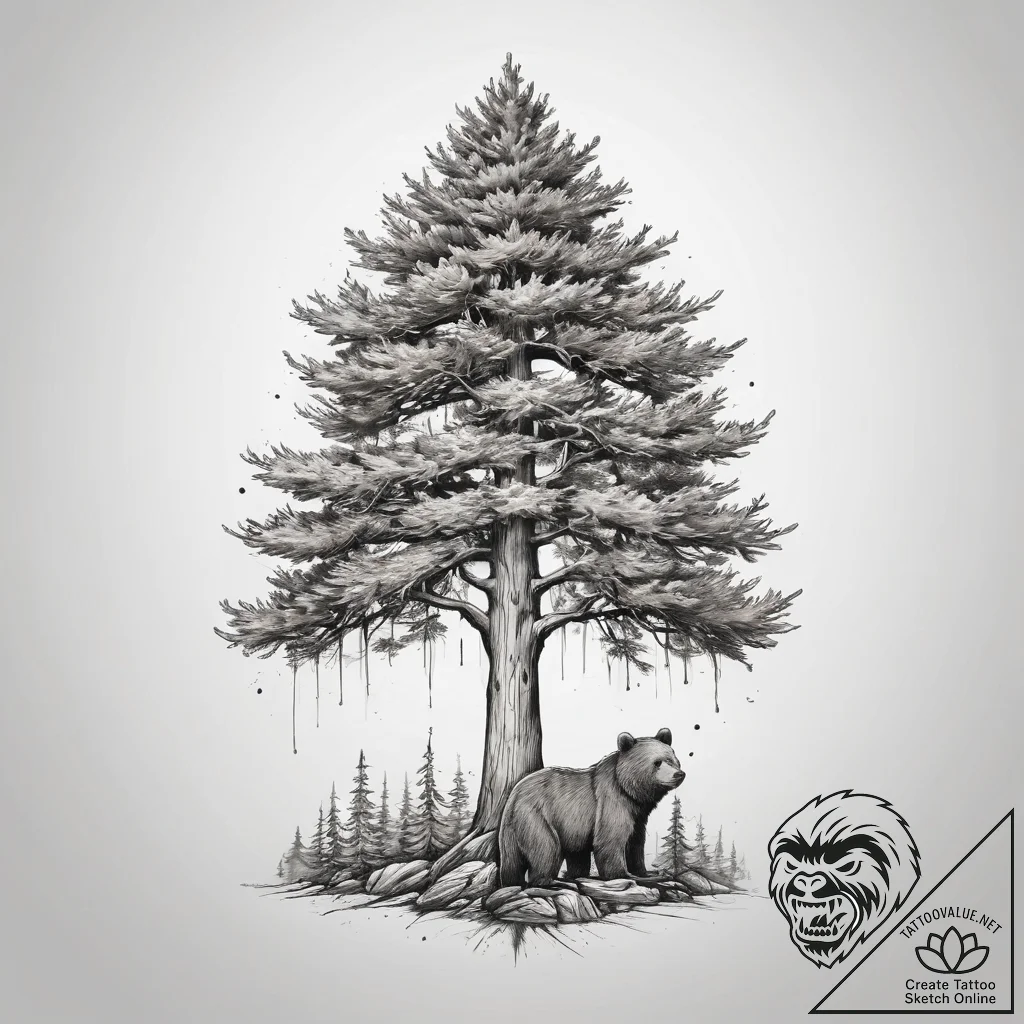 Tattoo sketch pine tree with a bear, tattoo s... - tattoo sketch (№1758259333_0, 19.09.2025 05:22) — tattoovalue.net